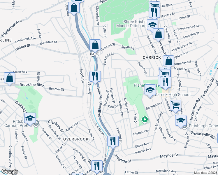 map of restaurants, bars, coffee shops, grocery stores, and more near 2029 Fairland Street in Pittsburgh