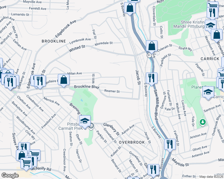 map of restaurants, bars, coffee shops, grocery stores, and more near 1561 Reamer Street in Pittsburgh