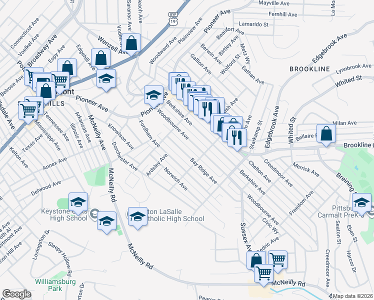 map of restaurants, bars, coffee shops, grocery stores, and more near 803 Bay Ridge Avenue in Pittsburgh
