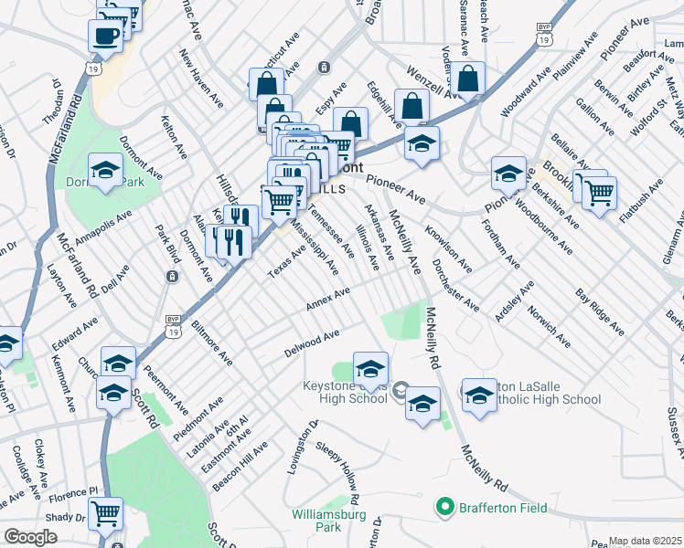 map of restaurants, bars, coffee shops, grocery stores, and more near 1220 Mississippi Avenue in Pittsburgh