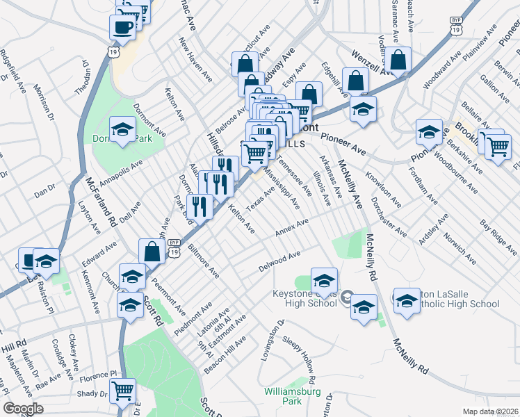 map of restaurants, bars, coffee shops, grocery stores, and more near 1246 Hillsdale Avenue in Pittsburgh