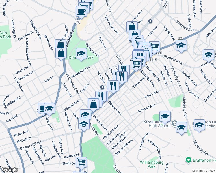 map of restaurants, bars, coffee shops, grocery stores, and more near in Dormont