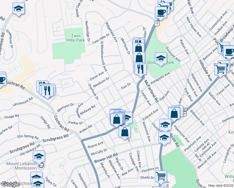 map of restaurants, bars, coffee shops, grocery stores, and more near 520 Hillcrest Place in Pittsburgh