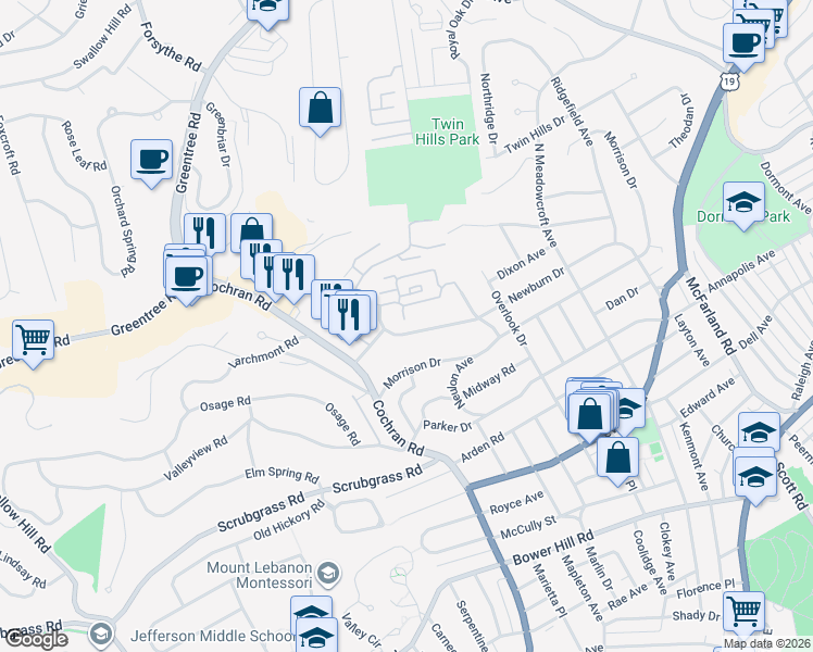 map of restaurants, bars, coffee shops, grocery stores, and more near 366 Newburn Drive in Pittsburgh