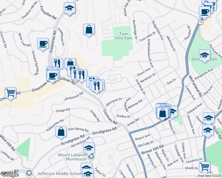 map of restaurants, bars, coffee shops, grocery stores, and more near 709 Robinwood Drive in Pittsburgh