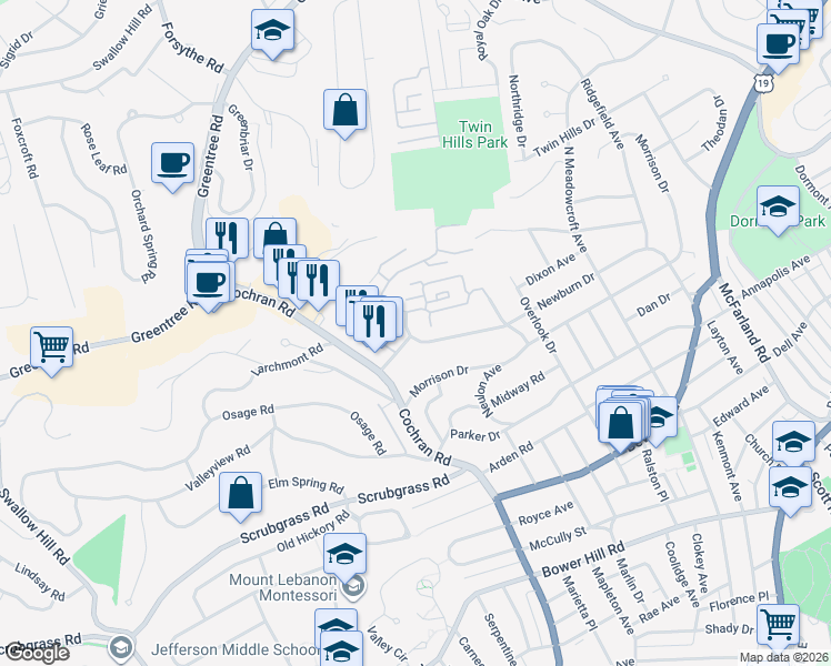 map of restaurants, bars, coffee shops, grocery stores, and more near 709 Robinwood Drive in Pittsburgh