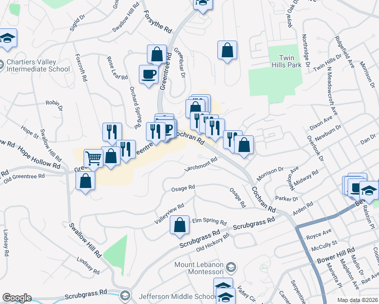 map of restaurants, bars, coffee shops, grocery stores, and more near 108 Blue Spruce Circle in Pittsburgh