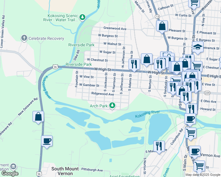 map of restaurants, bars, coffee shops, grocery stores, and more near 702 West Gambier Street in Mount Vernon
