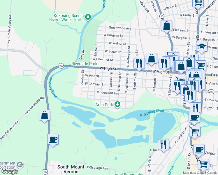 map of restaurants, bars, coffee shops, grocery stores, and more near 804 West Gambier Street in Mount Vernon