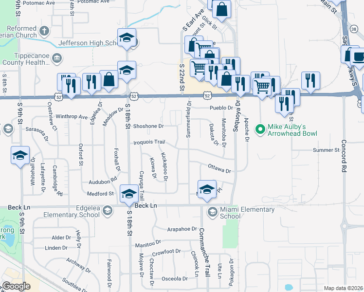 map of restaurants, bars, coffee shops, grocery stores, and more near 2317 Summerfield Dr in Lafayette