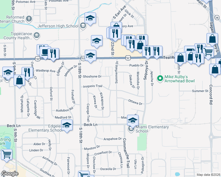 map of restaurants, bars, coffee shops, grocery stores, and more near 2017 Iroquois Trail in Lafayette