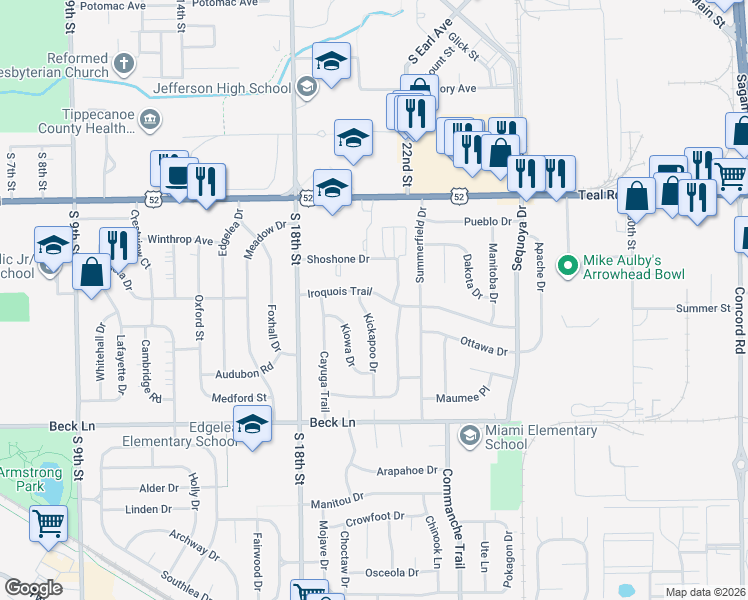 map of restaurants, bars, coffee shops, grocery stores, and more near 2017 Iroquois Trail in Lafayette