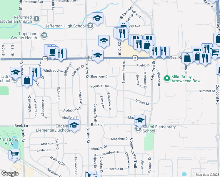 map of restaurants, bars, coffee shops, grocery stores, and more near 2017 Iroquois Trail in Lafayette