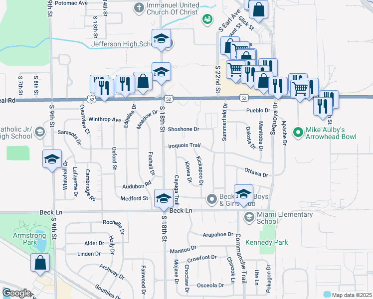 map of restaurants, bars, coffee shops, grocery stores, and more near 2401 Kickapoo Drive in Lafayette