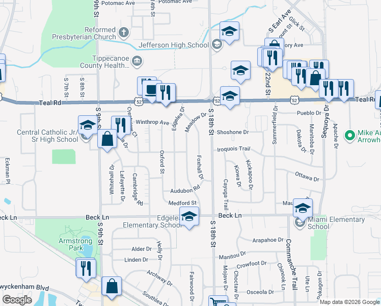 map of restaurants, bars, coffee shops, grocery stores, and more near 2505 Meadow Drive in Lafayette