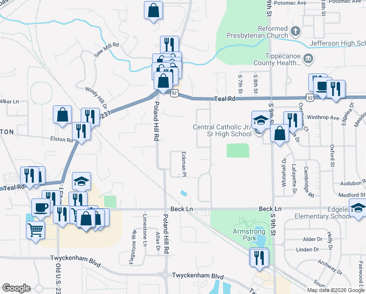 map of restaurants, bars, coffee shops, grocery stores, and more near 430 Eckman Lane in Lafayette
