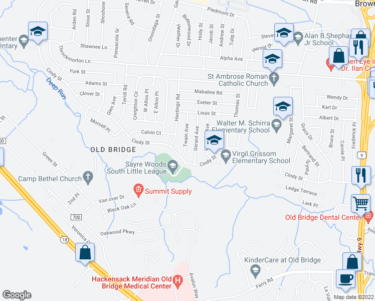 map of restaurants, bars, coffee shops, grocery stores, and more near 28 Twain Avenue in Old Bridge