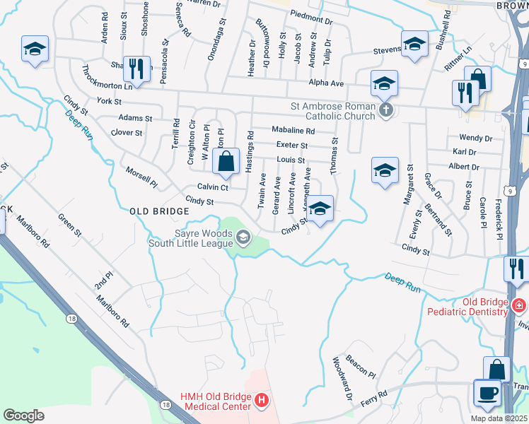 map of restaurants, bars, coffee shops, grocery stores, and more near 28 Twain Avenue in Old Bridge