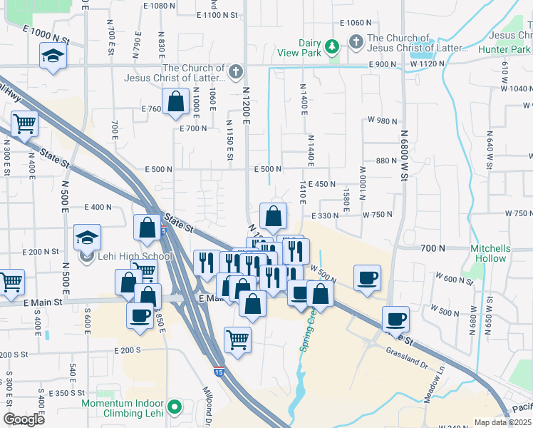 map of restaurants, bars, coffee shops, grocery stores, and more near 346 North 1270 East in Lehi