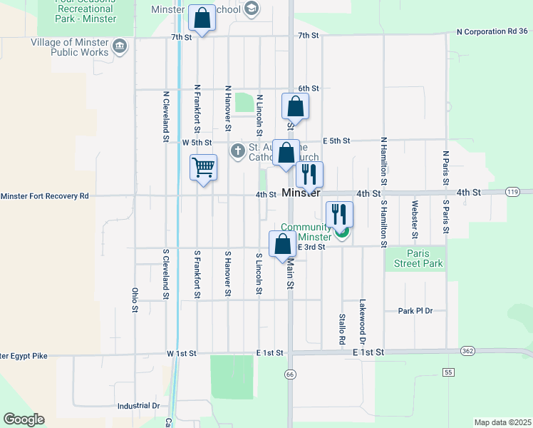 map of restaurants, bars, coffee shops, grocery stores, and more near South Lincoln Drive in Minster