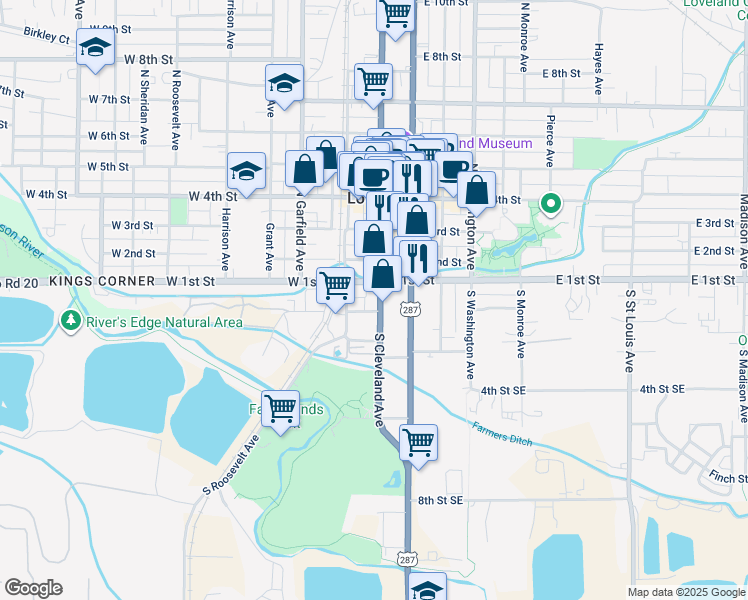 map of restaurants, bars, coffee shops, grocery stores, and more near 129 South Cleveland Avenue in Loveland