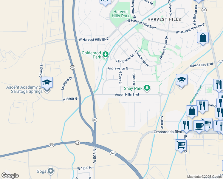 map of restaurants, bars, coffee shops, grocery stores, and more near 649 North Sidney Lane in Saratoga Springs