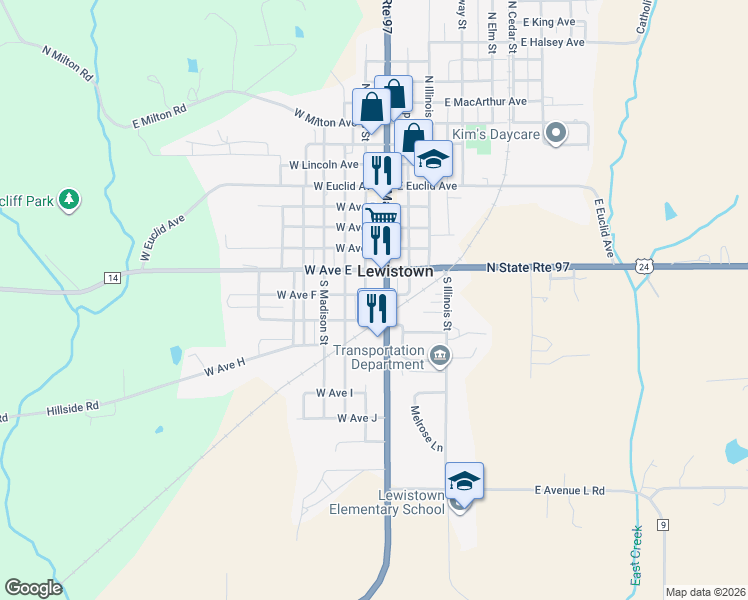 map of restaurants, bars, coffee shops, grocery stores, and more near 711 South Adams Street in Lewistown