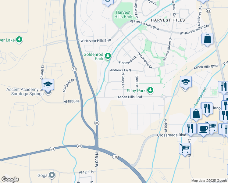 map of restaurants, bars, coffee shops, grocery stores, and more near 649 North Sidney Lane in Saratoga Springs