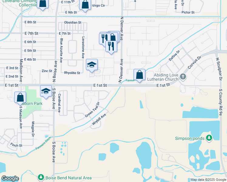map of restaurants, bars, coffee shops, grocery stores, and more near 2178 Blue Duck Court in Loveland