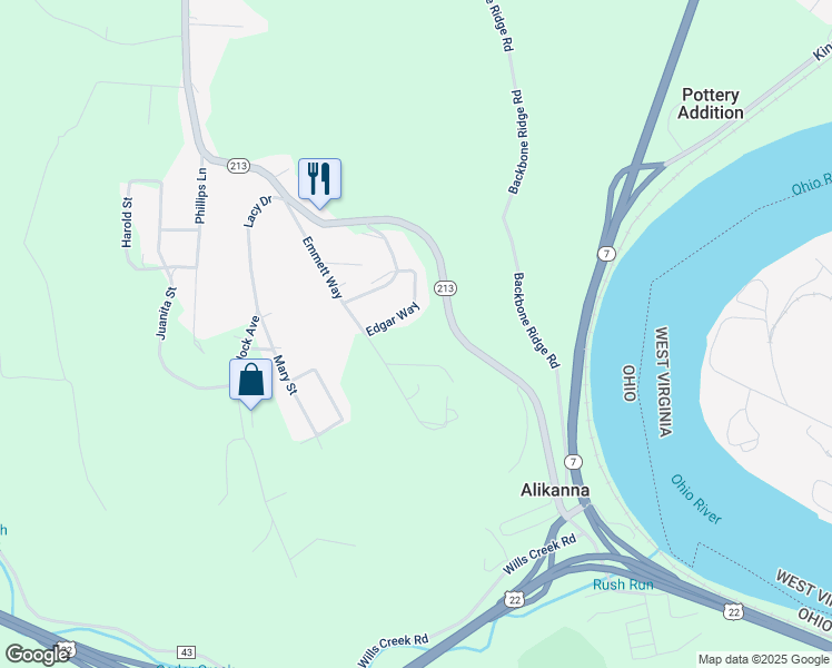 map of restaurants, bars, coffee shops, grocery stores, and more near 258 Edgar Way in Steubenville