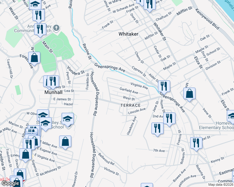 map of restaurants, bars, coffee shops, grocery stores, and more near 3119 West Street in West Mifflin