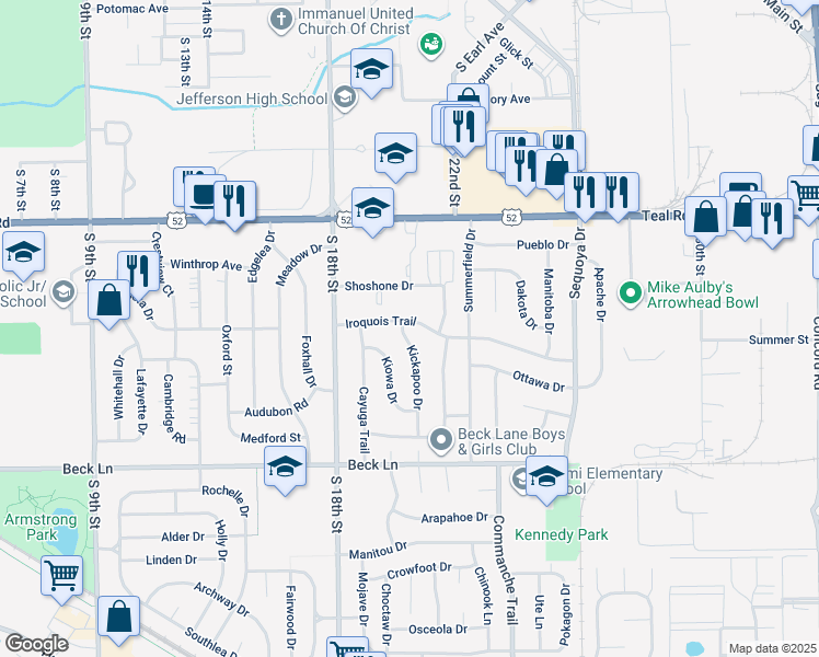map of restaurants, bars, coffee shops, grocery stores, and more near 2401 Kickapoo Drive in Lafayette