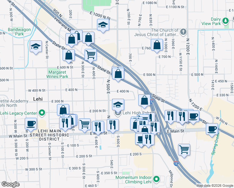 map of restaurants, bars, coffee shops, grocery stores, and more near 604 East 400 North in Lehi
