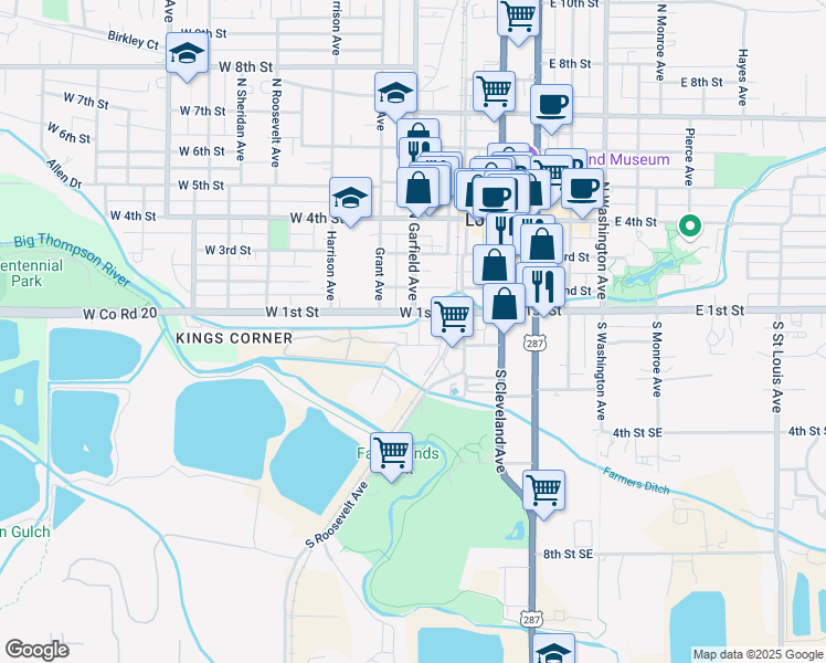 map of restaurants, bars, coffee shops, grocery stores, and more near 139 South Garfield Avenue in Loveland