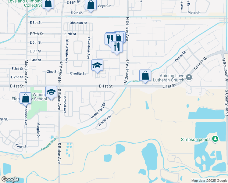 map of restaurants, bars, coffee shops, grocery stores, and more near 2155 Blue Duck Court in Loveland