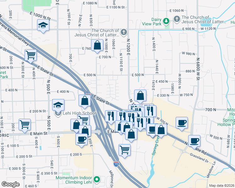 map of restaurants, bars, coffee shops, grocery stores, and more near 314 1110 East in Lehi