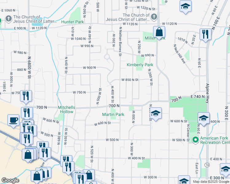 map of restaurants, bars, coffee shops, grocery stores, and more near 769 North 350 West in American Fork