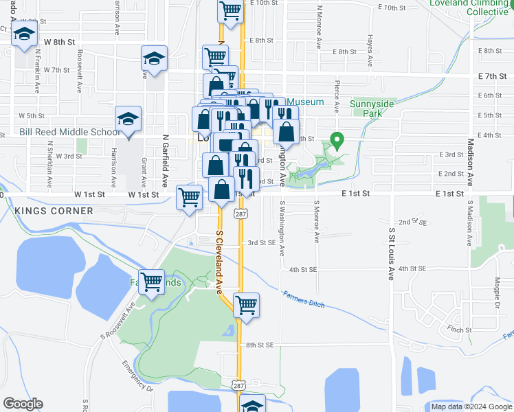 map of restaurants, bars, coffee shops, grocery stores, and more near 127 South Jefferson Avenue in Loveland
