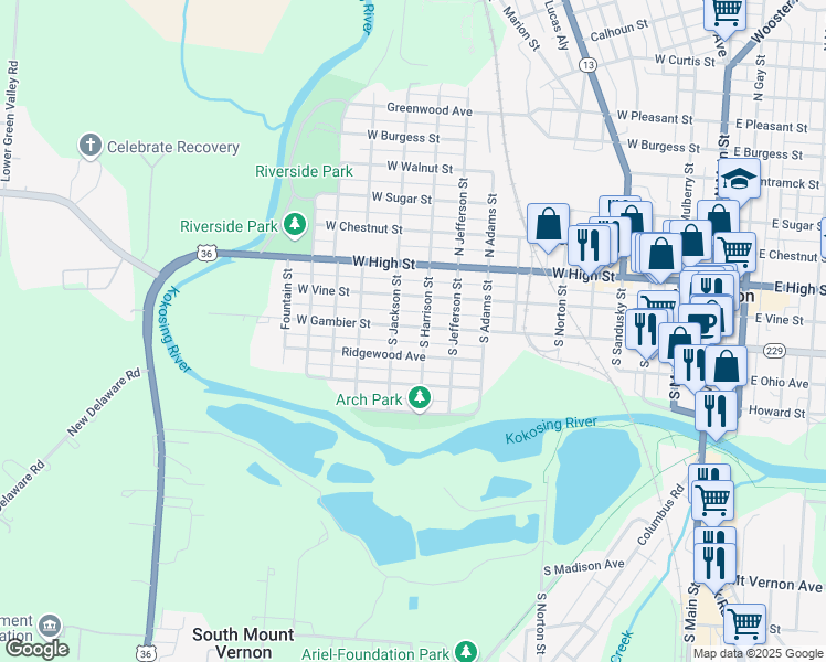 map of restaurants, bars, coffee shops, grocery stores, and more near 702 West Gambier Street in Mount Vernon