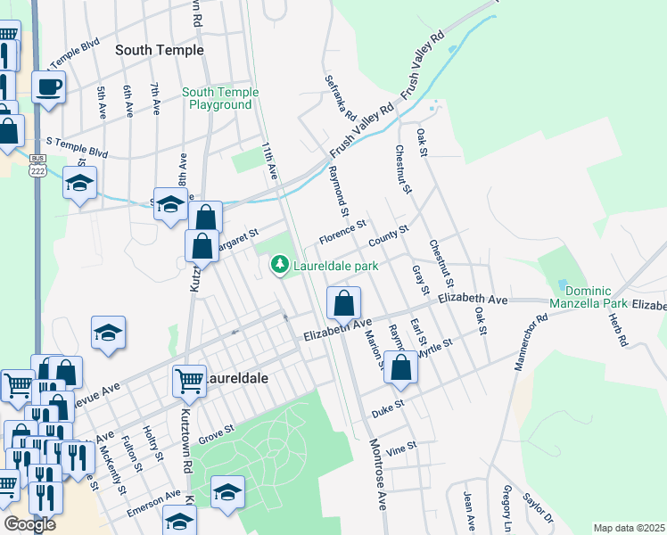 map of restaurants, bars, coffee shops, grocery stores, and more near 1516 County Street in Laureldale