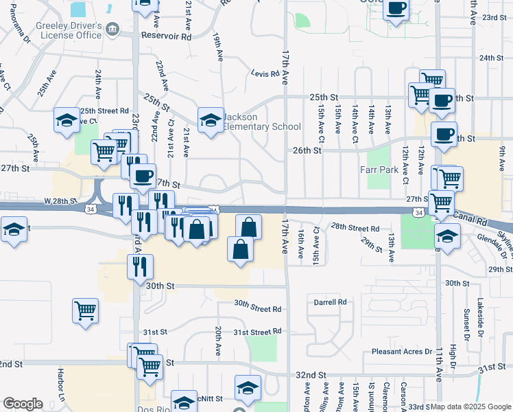 map of restaurants, bars, coffee shops, grocery stores, and more near 1905 28th Street in Greeley