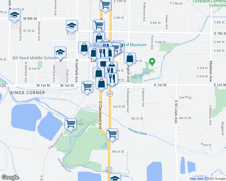 map of restaurants, bars, coffee shops, grocery stores, and more near 137 South Lincoln Avenue in Loveland
