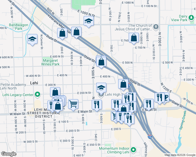 map of restaurants, bars, coffee shops, grocery stores, and more near 604 East 400 North in Lehi