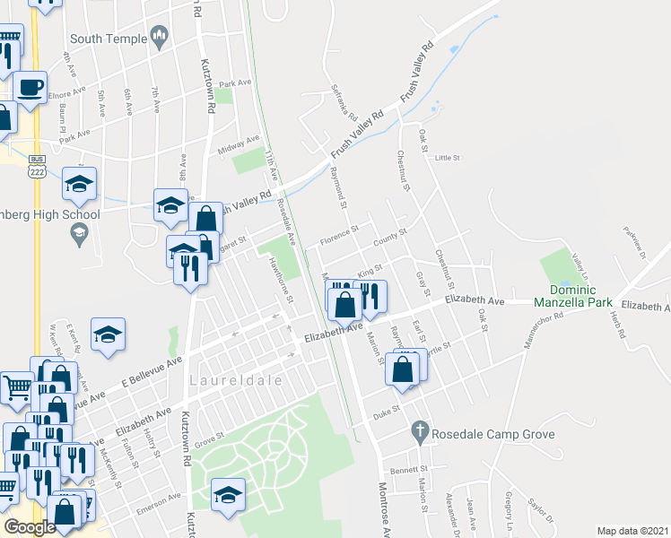 map of restaurants, bars, coffee shops, grocery stores, and more near 1516 County Street in Laureldale