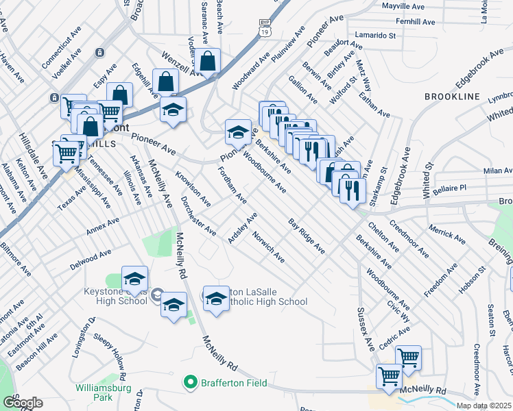 map of restaurants, bars, coffee shops, grocery stores, and more near 731 Fordham Avenue in Pittsburgh