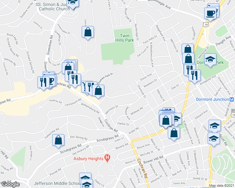 map of restaurants, bars, coffee shops, grocery stores, and more near 366 Newburn Drive in Pittsburgh