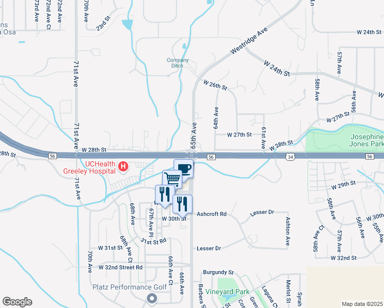 map of restaurants, bars, coffee shops, grocery stores, and more near 65th Ave & US-34 in Greeley