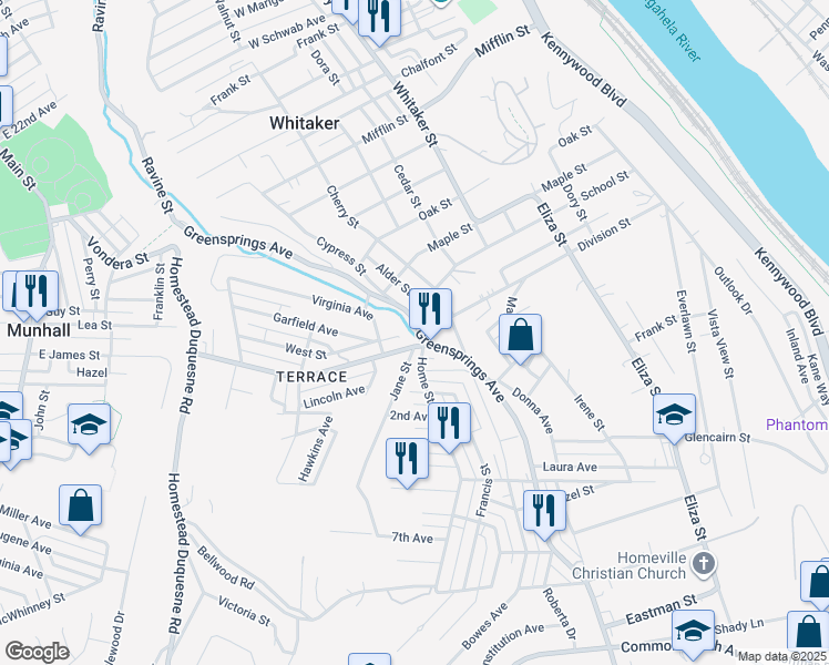 map of restaurants, bars, coffee shops, grocery stores, and more near 3608 Greensprings Avenue in West Mifflin