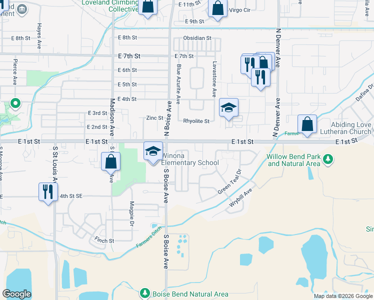 map of restaurants, bars, coffee shops, grocery stores, and more near 1650 Oriole Place in Loveland