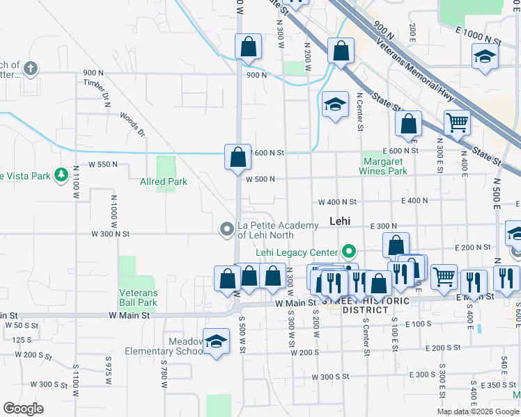 map of restaurants, bars, coffee shops, grocery stores, and more near 430 North 470 West in Lehi